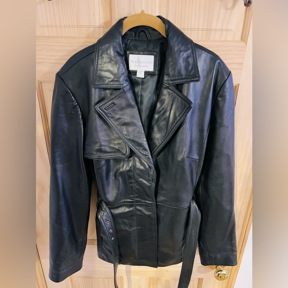 Worthington Genuine Lambskin Leather Jacket Black Belted Women's Size Large